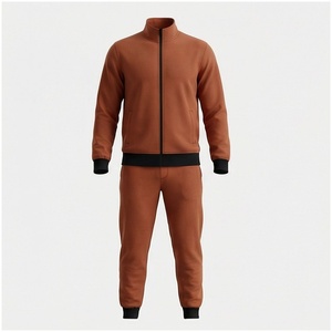 Conjunto Deportivo Marrón para Hombre, Manga Larga, Cuello Alto, Cierre de Cremallera Frontal, Color Sólido, Transpirable, Corte Regular, Ropa Casual de Otoño - Product Image 1