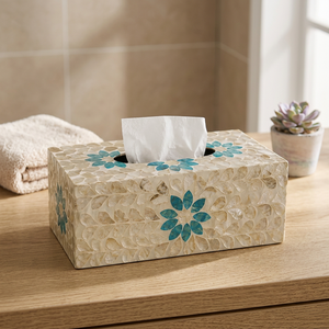 Boîte à mouchoirs artisanale en nacre, style méditerranéen, avec incrustation florale bleue, couvercle décoratif - Product Image 3