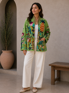 Green Hand Embroidered Floral Jacket Mandarin Collar Full Sleeve Cotton Women's Boho Chic Spring <b>Coat</b> - Product Image 1