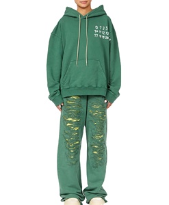 Personnalisé deux pièces en détresse brodé lavage à l'acide vintage évasé Street Style survêtement hiver coton survêtements strass - Product Image 1