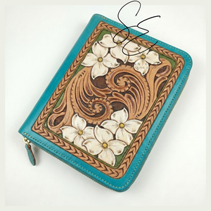 Western Turquoise Tooled Leather Portfolio <b>File</b> <b>Folder</b> Cover New Design Zippered <b>File</b> Cover Floral Carved Certificate Bag - Product Image 2