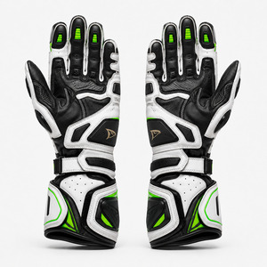 Gants de moto de course à doigts entiers blancs, verts et noirs, en cuir de vachette, protection des articulations en carbone, fermeture auto-agrippante - Product Image 3