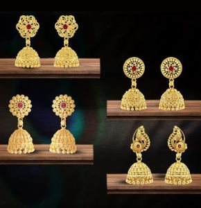 Indian Low Prices Alloy 22K Gold Plated Crystal Rhinestone Flower Design Jhumka Women's Trendy Earrings Sets Party Wholesale - Product Image 1