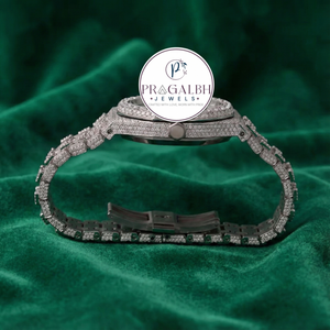 นาฬิกาเพชร Pragalbh Jewels หรูหรา ประดับเพชรเต็มหน้าปัด ทรงบาแกตต์และทรงกลม  ตัวเรือนสแตนเลสสตีล สำหรับผู้ชาย ผู้หญิง และทุกเพศ - Product Image 2