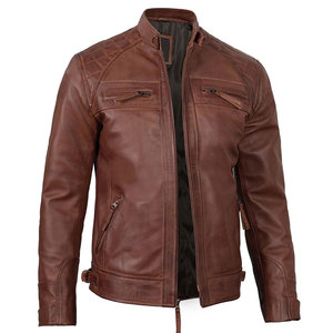 Veste moto en cuir véritable marron pour homme, col montant, fermeture éclair, coupe ajustée, longueur standard, pour l'automne - Product Image 4