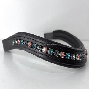 Banda de ceja de caballo de cuero de canal vacío acolchado negro con incrustaciones de cristales redondos de colores Diamante de cristal mega Bling banda de ceja de brida - Product Image 1