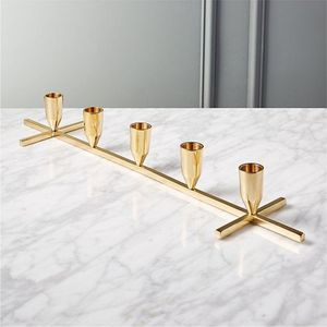 Candélabre moderne en métal doré à 5 branches, centre de table de mariage, finition laiton minimaliste, support pour bougies votives - Product Image 1