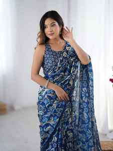 Sari moderne en polyester bleu imprimé avec des accents rouges et une bordure en dentelle miroir pour femmes, vêtements décontractés toutes saisons - Product Image 2