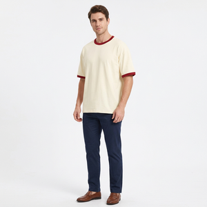 T-shirt tricoté à col rond et manches courtes pour homme, bordeaux, avec bordure contrastante, coupe oversize, écologique, respirant, séchage rapide - Product Image 2