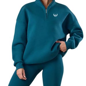 Sweat-shirt à col montant 1/4 zippé bleu océan respirant pour femme, coupe oversize, manches longues, style streetwear décontracté - Product Image 5