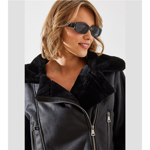 Blouson bomber en similicuir suédé pour femme avec col et poignets fourrés, manteau court d'hiver épais coupe-vent tissé - Product Image 5