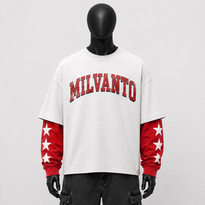 เสื้อยืดคอตตอนเจอร์ซีย์ทรงโอเวอร์ไซส์แบบสั่งทำพิเศษ แขนสองชั้น ทรงดรอปโชว์เดอร์ สำหรับผู้ชาย |   เสื้อยืดวินเทจพรีเมียมพร้อมลายดาวสีแดงพิมพ์ที่แขนเสื้อ - Product Image 1