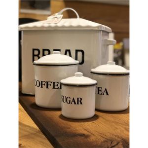 Vintage Enamel Bread Box & Kitchen Canister <b>Set</b> White Metal Bread Bin Coffee Tea Sugar Container <b>Set</b> for Farmhouse Home Decor - Product Image 1