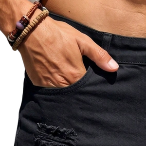 Pantalones Cortos de Mezclilla Rectos para Hombre, Negros, Desgastados, 100% Algodón, Casuales, Transpirables, de Secado Rápido, Estilo Veraniego, Largura hasta la Rodilla, para Uso Diario - Product Image 3