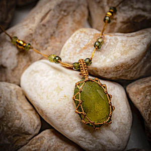 Handmade Green Amethyst Macrame Pendant Necklace Natural Olive Green Gemstone Vintage Healing Crystal Jewelry Adjustable Cord - Product Image 1