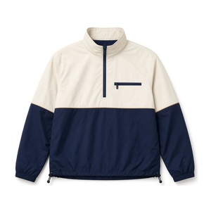 Custom Cream Navy Polyester <b>Half</b> <b>Zip</b> Windbreaker for <b>Men</b> with Contrast Color Blocking and Chest Pocket Detail - Product Image 1