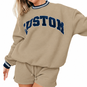 New Arrivals Custom Light Blue Women's Oversized Crew Mockneck Sweatshirt with <b>Navy</b> Letter Print and Striped Trim Varsity <b>Tops</b> - Product Image 5