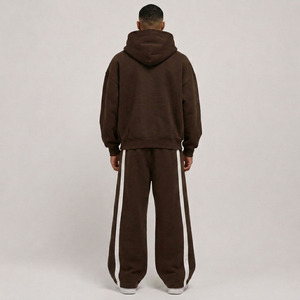 Conjunto de Sudadera con Capucha y Cremallera Completa a Rayas Marrón Vintage para Hombre, Pantalones de Chándal de Pierna Ancha con Paneles Personalizados, Conjuntos de Felpa Pesada de Corte Holgado - Fabricante - Product Image 3