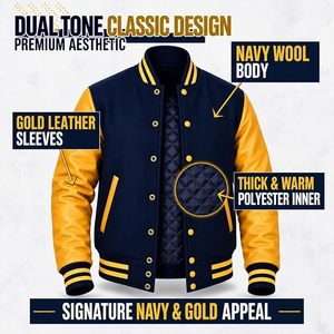 Veste varsity vintage pour homme, bleu marine et jaune, manches en simili cuir, boutons pression - Product Image 6