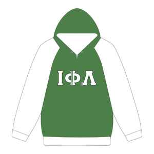 Sweat à capuche décontracté pour femme Iota Phi Lambda Sorority vert émeraude avec manches raglan blanches et lettres grecques - Product Image 1
