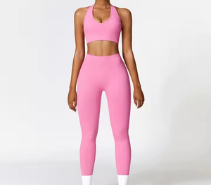 <b>Women's</b> <b>Navy</b> Halter Neck Sporty Knitted <b>Tank</b> <b>Top</b> With High Waist Leggings Set Breathable Spandex Nylon Fit - Product Image 4