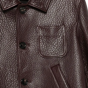 Triveers Brown Genuine Leather Jacket for Men <b>Stand</b> Collar Button Front One Chest Pocket Autumn Bomber Style Casual Short Length - Product Image 6