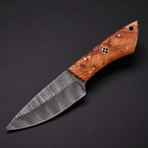 Damascus Steel Fixed Blade Skinner Knife Olive wood Handle with Leather Sheath Full Tang Hunting Camping Knife OEM - Product Image 1