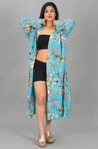 Peignoir Kimono en Coton à Col en V Imprimé Floral Turquoise Élégant pour Femme – Doux, Léger et Respirant pour Piscine, Plage et Détente à Domicile - Product Image 3