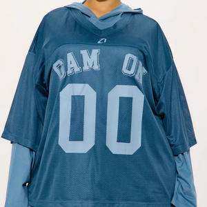 Blue Women Mesh Hoodie American Football Jersey Layered Long Sleeve Streetwear Top Breathable <b>Athletic</b> Wear Custom Sports Shirt - Product Image 5