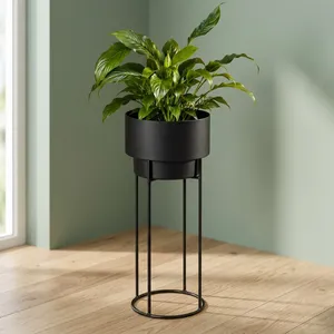 Jardinière moderne en métal noir avec support haut, pot de fleurs cylindrique blanc, élégant pour l'intérieur, l'extérieur, le jardin et la maison - Product Image 4