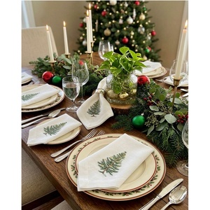 Elegant Classic White Polyester <b>Linen</b> Dinner Napkin Handmade <b>Christmas</b> Tree Embroidered <b>Table</b> <b>Linens</b> for Home Hotel or Events - Product Image 1