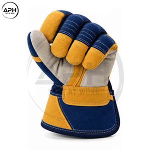 ถุงมือช่างสีกรมท่าและสีมัสตาร์ด พร้อมส่วนฝ่ามือสีเทา ตกแต่งด้วยลายริบบนนิ้วมือ และข้อมือแบบปรับได้สำหรับงานช่าง - Product Image 6