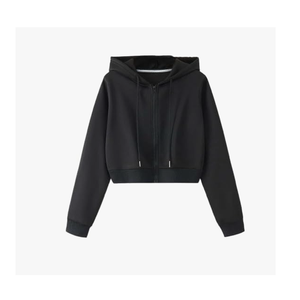 Women's Beige <b>Cropped</b> Hoodie Solid Color Full Sleeve Knitted Cotton <b>Zip</b>-<b>Up</b> Hooded Autumn Wear - Product Image 4