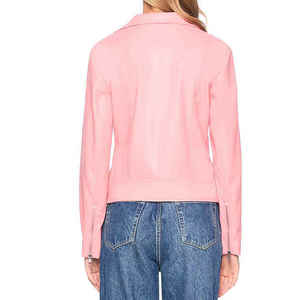 Chaqueta de Cuero Rosa Estilo Motero al por Mayor, Personalizada, de Piel de Vacuno Genuina, con Cremallera Asimétrica, Prenda Exterior, Fabricante y Proveedor OEM - Product Image 4