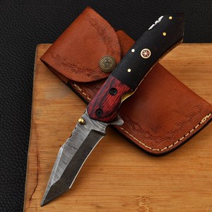 Cuchillo Plegable de Acero de Damasco con Mango de Micarta, Funda para Transporte Vertical, Cuchillo de Bolsillo EDC para Caza y Camping, Compatible con ODM OEM - Product Image 1