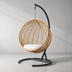 Silla Colgante de Ratán con Cojín Blanco, Asiento Columpio Contemporáneo para Patio Exterior, para una Persona, Muebles Cómodos - Product Image 1