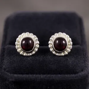 Bohemian 925 Silver Natural <b>Garnet</b> Stud <b>Earrings</b> Flower Shape Bezel Setting Women's Everyday Wear Jewelry - Product Image 5