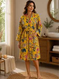 Floral Print Vintage Sexy Soft Women's 100% Cotton <b>Waffle</b> Texture Kimono <b>Bathrobe</b> Full Length Drawstring Cinched Waist Lounge - Product Image 6