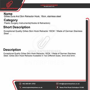 Gillies Dura and Skin Retractor <b>Hook</b> 19cm Stainless Steel Surgical Instrument Reusable <b>Tool</b> - Product Image 5