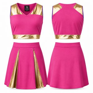 Uniforme de cheerleading personnalisé haut de gamme, coupe ajustée, rose et or, pour femmes, sublimation, danse, cheerleading - Product Image 1