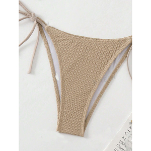 Women's Ribbed <b>Bikini</b> <b>Set</b> Bandeau Top Tie Side Bottoms Solid Color Stretch Fabric Drawstring Detail - Product Image 3