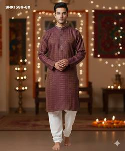 Kurta-Payjama de Seda Jacquard de Primera Calidad con Diseño Geométrico y Bordado en la Solapa, Exportador Indio - Product Image 6