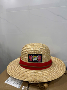 Vietnam Natural Bamboo <b>Straw</b> Adjustable Bucket <b>Hat</b> with Red Band Skull Embroidery Patch Adults Unisex Summer Beach Outdoor Party - Product Image 1
