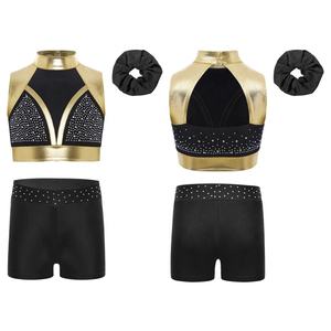 6-16 Children Kids Girls Gymnastics Dance Outfit Metallic Crop <b>Top</b> With Shorts And Headwear Sets Classes Performances Parties - Product Image 2