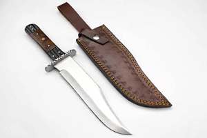 Couteau utilitaire d'extérieur artisanal en acier à haute teneur en carbone, manche en bois et os, garde en damas, étui en cuir - Product Image 5