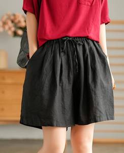 Women's Purple Linen Shorts High Waist <b>Drawstring</b> Loose Fit Casual Style Solid Color Breathable Woven Fabric - Product Image 2