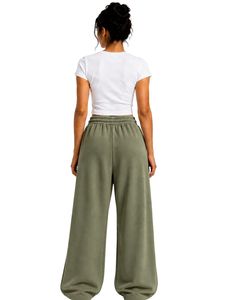 Olive Green Women <b>Wide</b> <b>Leg</b> Sweatpants High Waist Loose Fit Casual Streetwear <b>Lounge</b> Fleece Trousers With Drawstring Pockets - Product Image 2