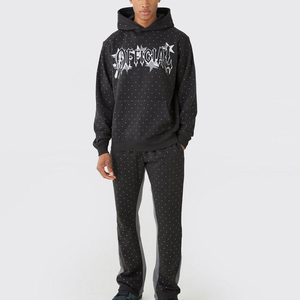 Ensemble de survêtement décontracté pour homme, noir, à capuche, entièrement zippé, motif à pois, respirant, poids moyen, streetwear, avec strass - Product Image 1
