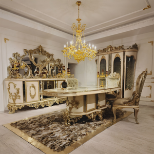 Juego de Comedor de Lujo Estilo Real, Madera de Teca Sólida Tallada a Mano con Detalles en Oro y Aparador con Espejo, Muebles Clásicos - Product Image 4