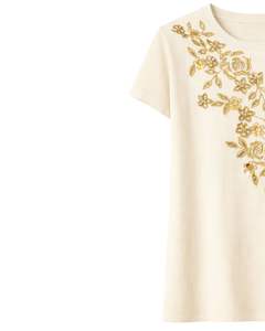 Camiseta de Algodón Personalizada para Mujer con Bordado Floral Dorado, Manga Corta, Cuello Redondo, Top Informal de Moda para Mujer, Diseño OEM Personalizado - Product Image 2